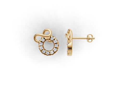 14K Gold Earrings Circle and Infinity with 20 Diamonds, "STT: Cut Split", Push Back