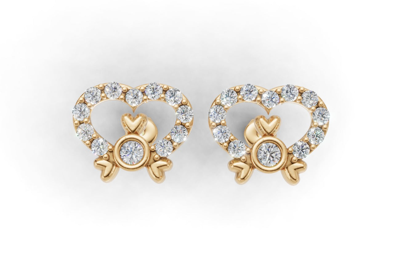 14k Gold Earrings Hearts with 24 Diamonds, "STT: Prong and Bezel", Push Back