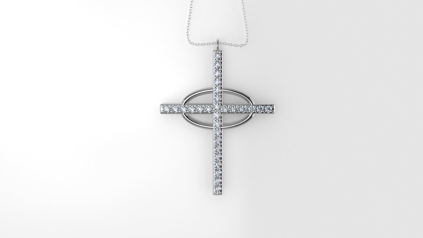 14K Pendant with 29 Diamond 1.2mm VS1 each, Only Pendant, "Cross and oval with Prongs"