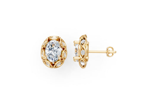 14k Gold Earrings Oval with 16 Diamonds, "STT: 4 Prong", Push Back