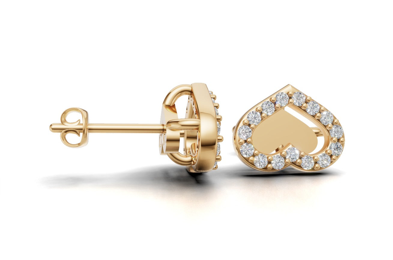 14k Gold Earrings Hearts with 30 Diamonds, "STT: Prong", Push Back