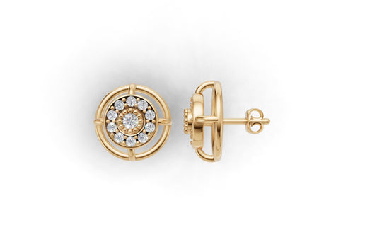 14K Gold Earrings Circle with 22 Diamonds, "STT: Prong and Bezel", Push Back, Filigree