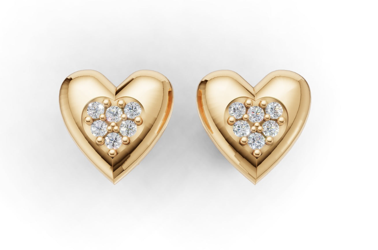 14k Gold Earrings Heart with 12 Diamonds, "STT: Prong", Push Back