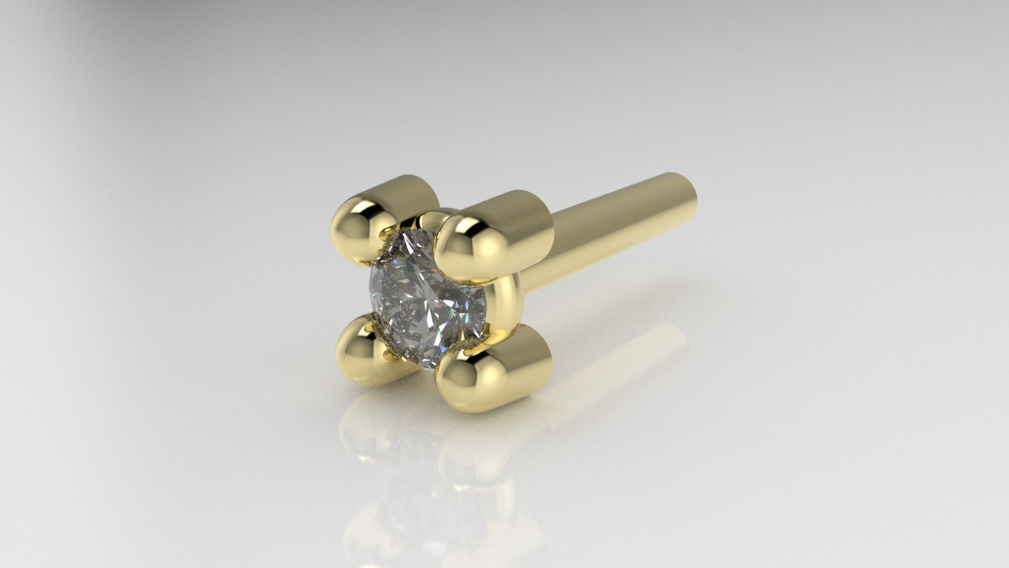 14K Ear Piercing with 1 Diamond 1.5mm, 4 Prongs