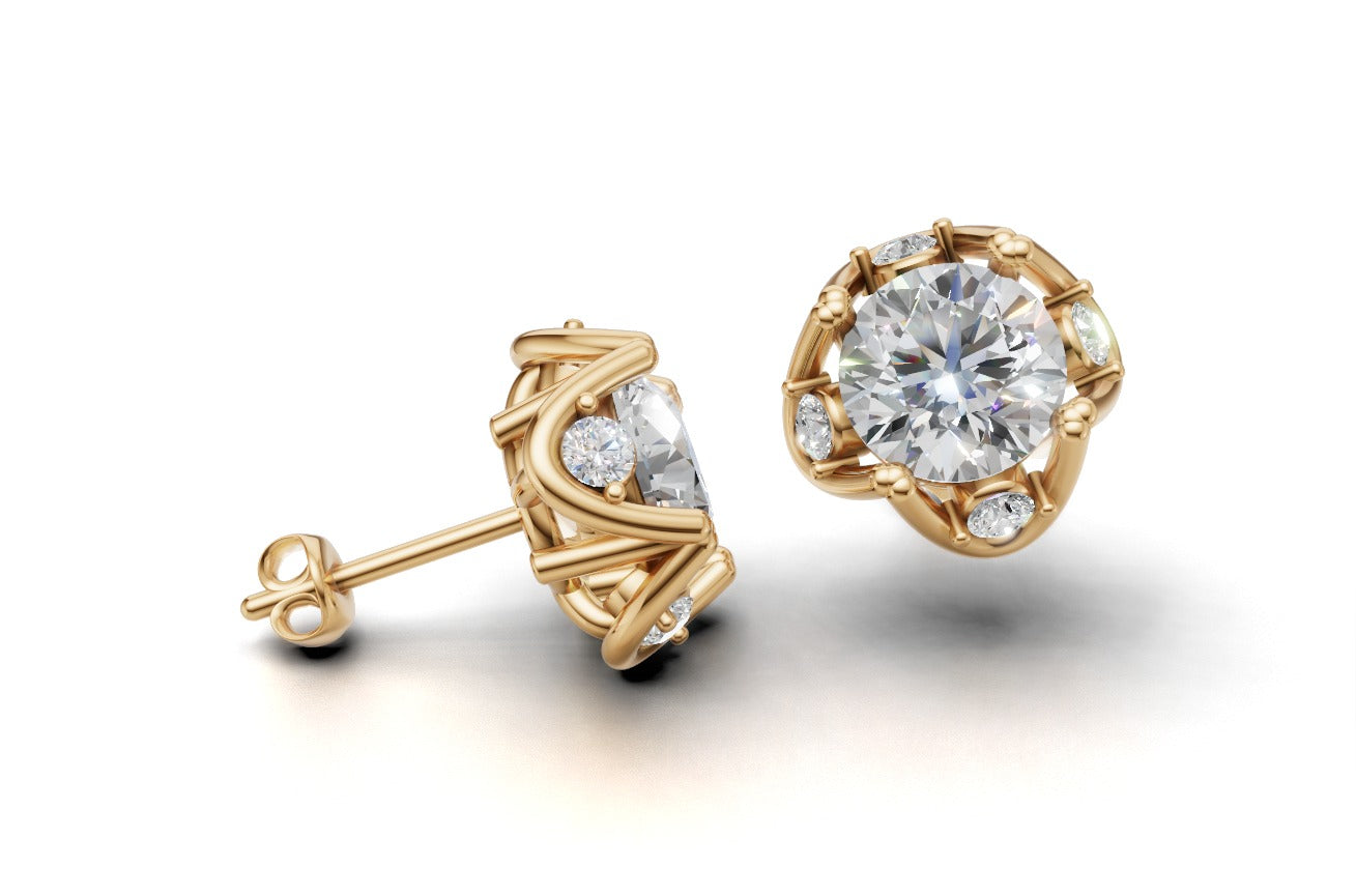 14k Gold Earrings Solitaire with 10 Diamonds, "STT: 4-Prong", Push Back