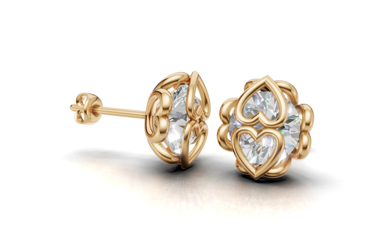 14k Gold Earrings Heart with 2 Diamonds, "STT: Hearts", Push Back