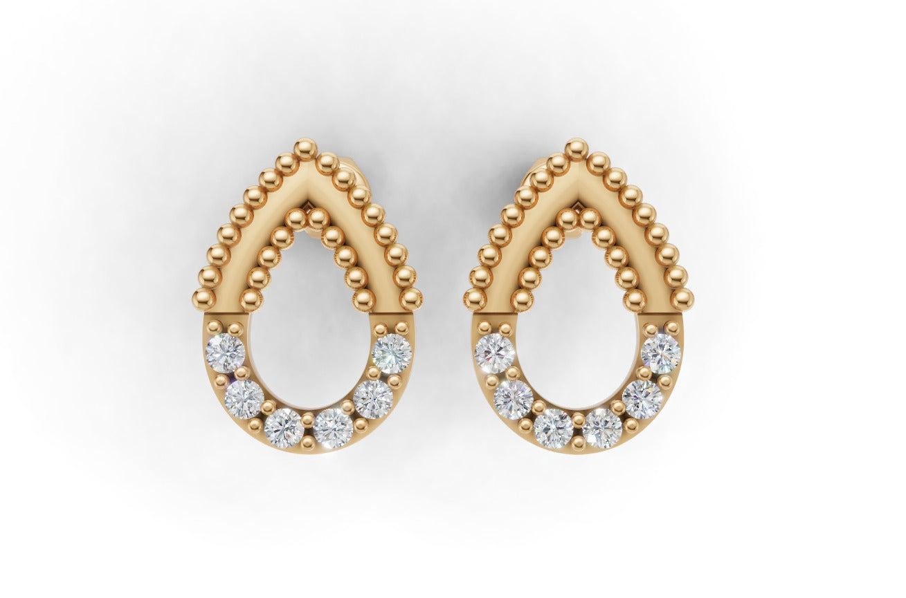 14K Gold Pear Earrings with 12 Diamonds, FILIGREE, "STT: Prong", Push Back