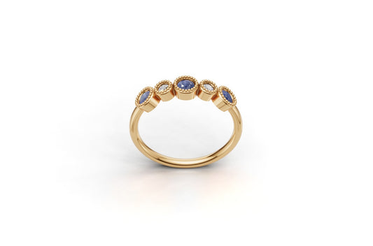 14K Gold Ring with 3 Sapphire and 2 Diamonds, STT: Bezel, Filigree