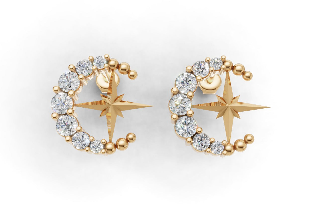 14k Gold Earrings Moon and Star with 14 Diamonds, "STT: Prong", Push Back