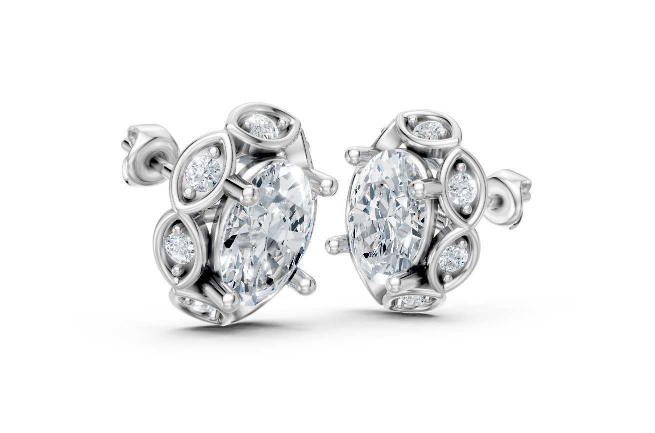 14k Gold Earrings Oval with 16 Diamonds, "STT: 4 Prong", Push Back