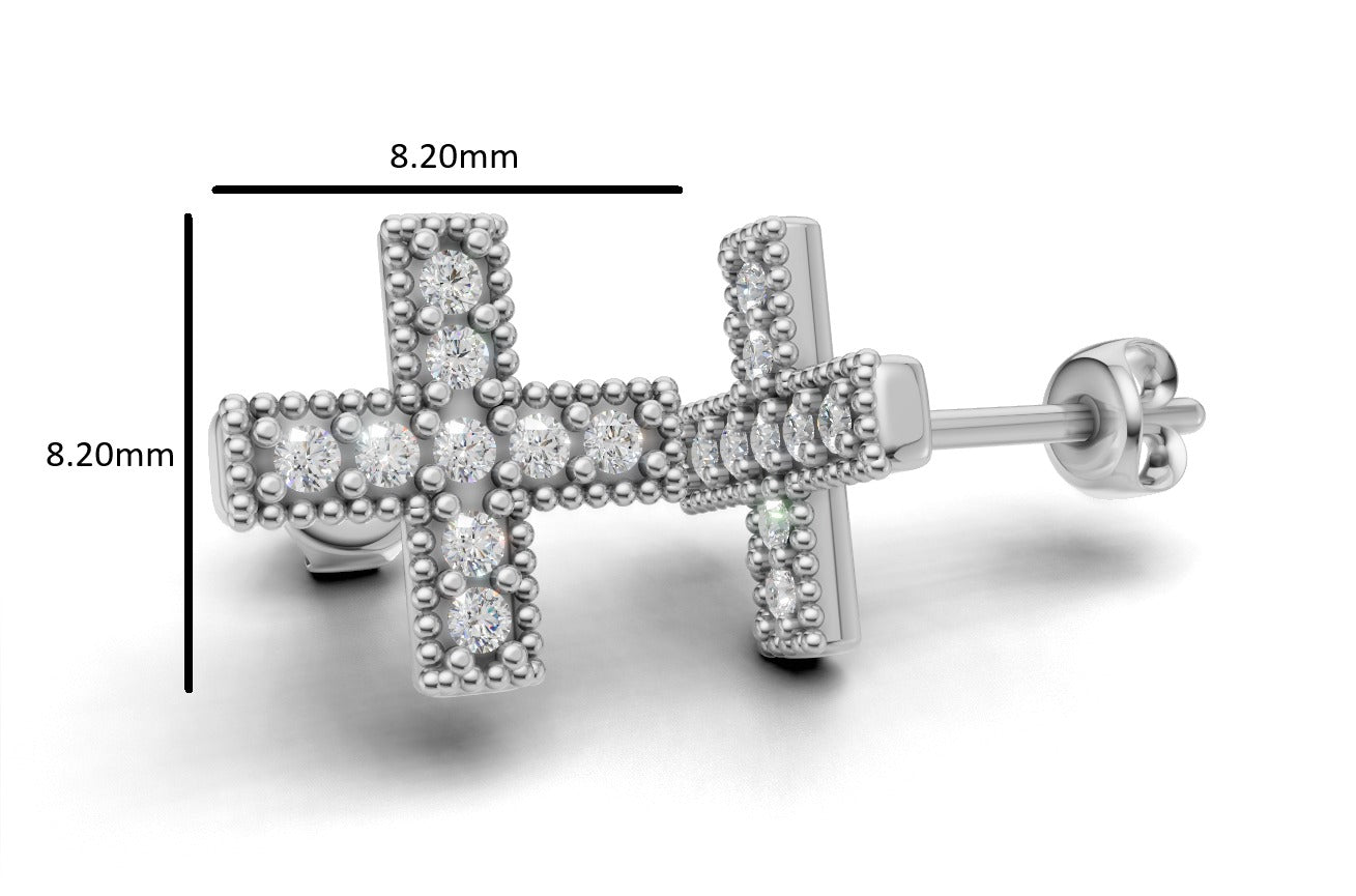 14k Gold Earrings Cross with 18 Diamonds, "STT: Prong", Push Back, Filigree
