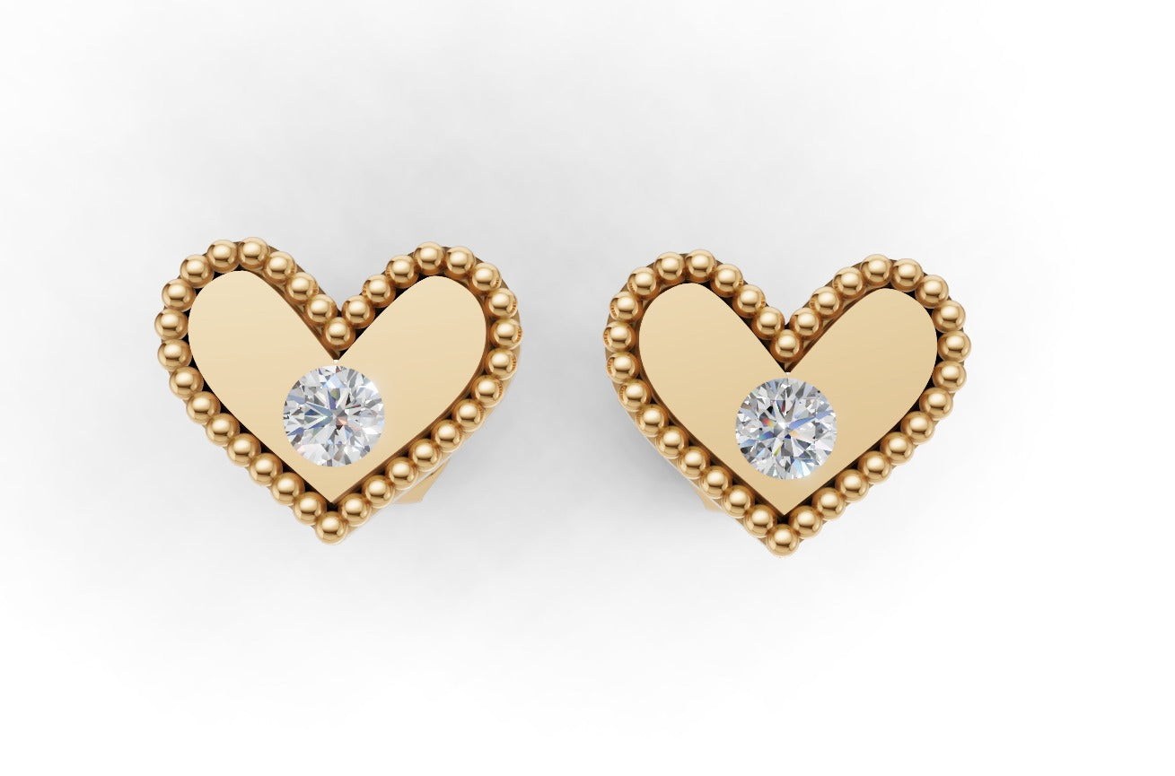 14k Gold Earrings Heart with 2 Diamonds, "STT: Bezel", Filigree, Push Back