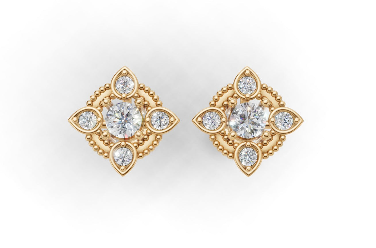 14k Gold Earrings with 10 Diamonds, "STT: Prong", Push Back, Filigree