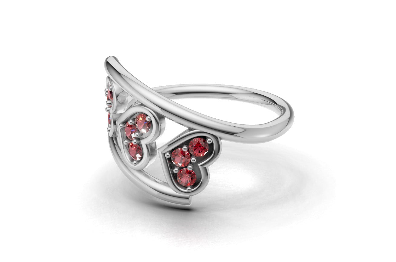 14K Gold Ring Hearts with 9 Ruby, STT: Prong