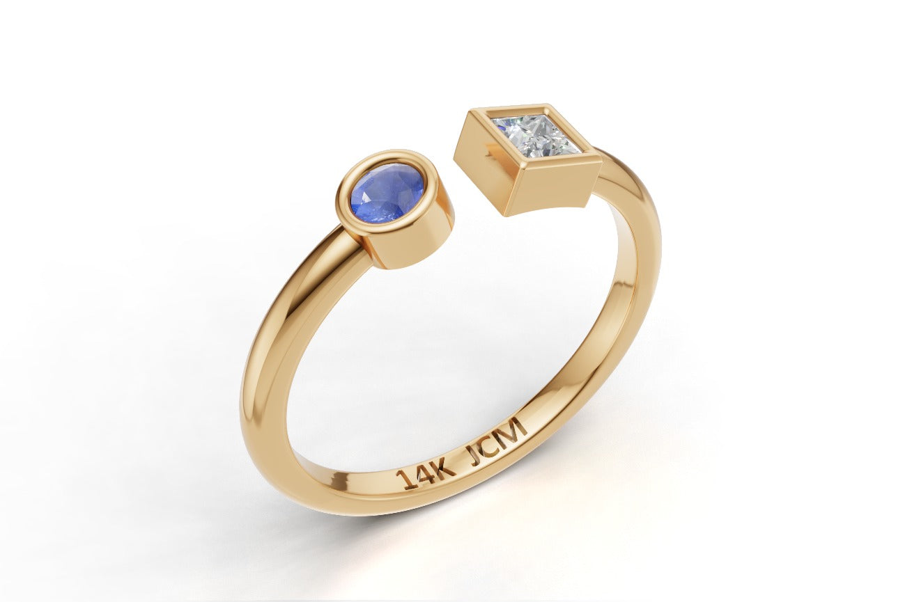 14K Gold Ring with 1 Sapphire and 1 Diamond, STT: Bezel