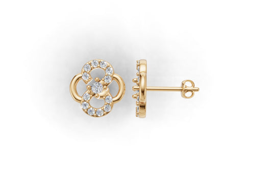 14K Gold Earrings Clover with 26 Diamonds, "STT: Prong", Push Back