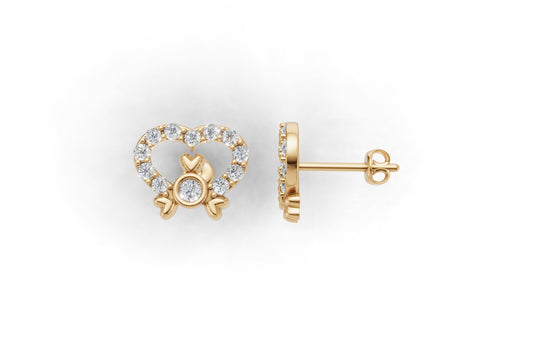 14k Gold Earrings Hearts with 24 Diamonds, "STT: Prong and Bezel", Push Back