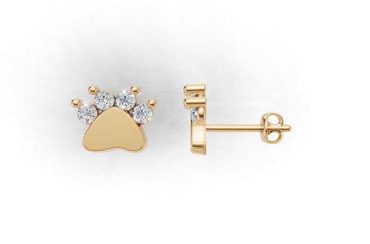 14k Dog Paw Earrings with 8 Diamonds, "STT: Prong", Push Back