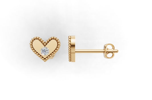 14k Gold Earrings Heart with 2 Diamonds, "STT: Bezel", Filigree, Push Back