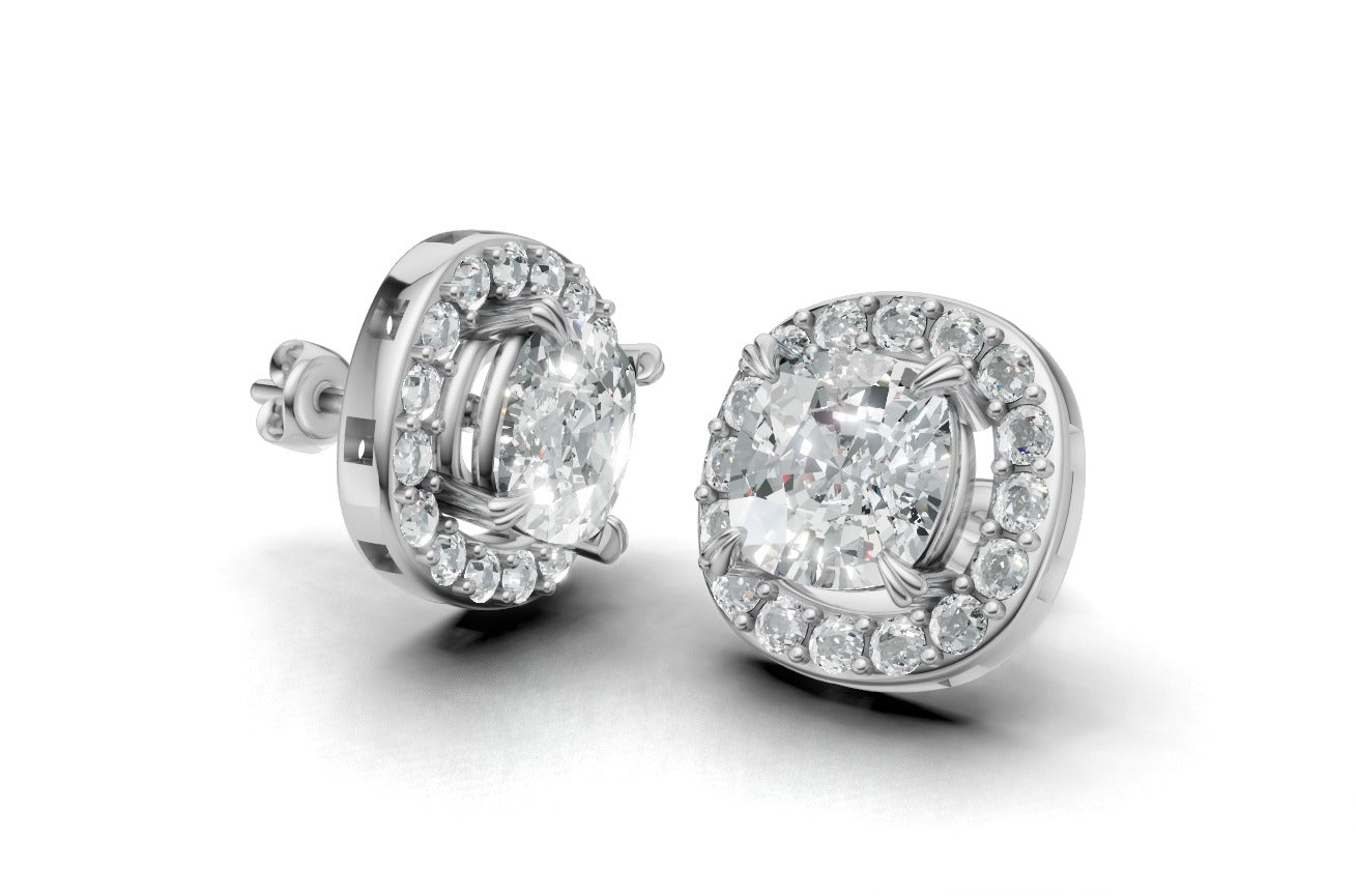 14k Gold Earrings Cushion with 34 Diamonds, "STT: 4-Prong", Push Back