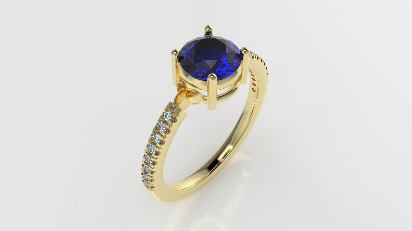 14K solitaire engagement Ring with 1 BLUE SAPPHIRE 6.5mm and 16 MOISSANITE 1.2mm VS1 each, stt prong, cut split