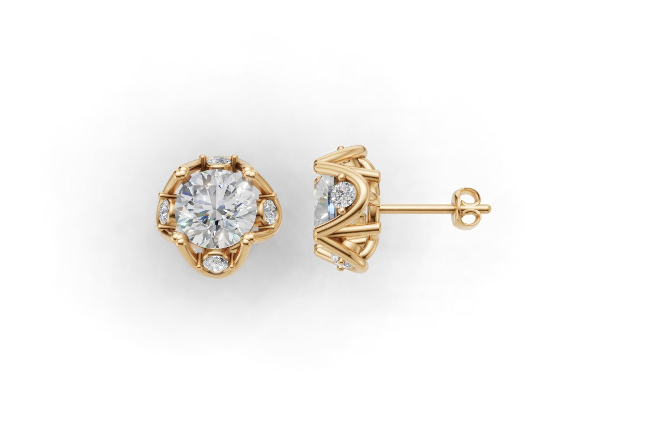 14k Gold Earrings Solitaire with 10 Diamonds, "STT: 4-Prong", Push Back