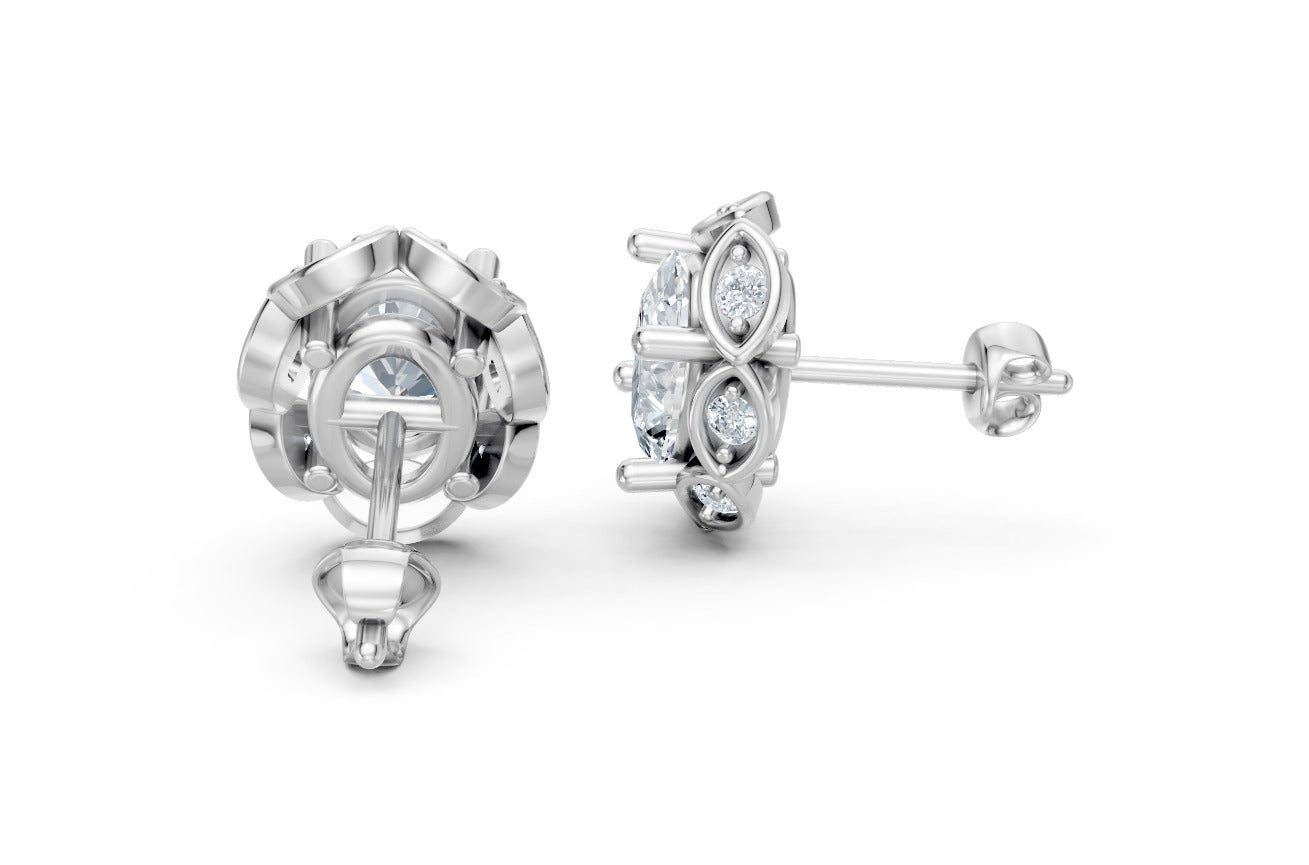 14k Gold Earrings Oval with 16 Diamonds, "STT: 4 Prong", Push Back