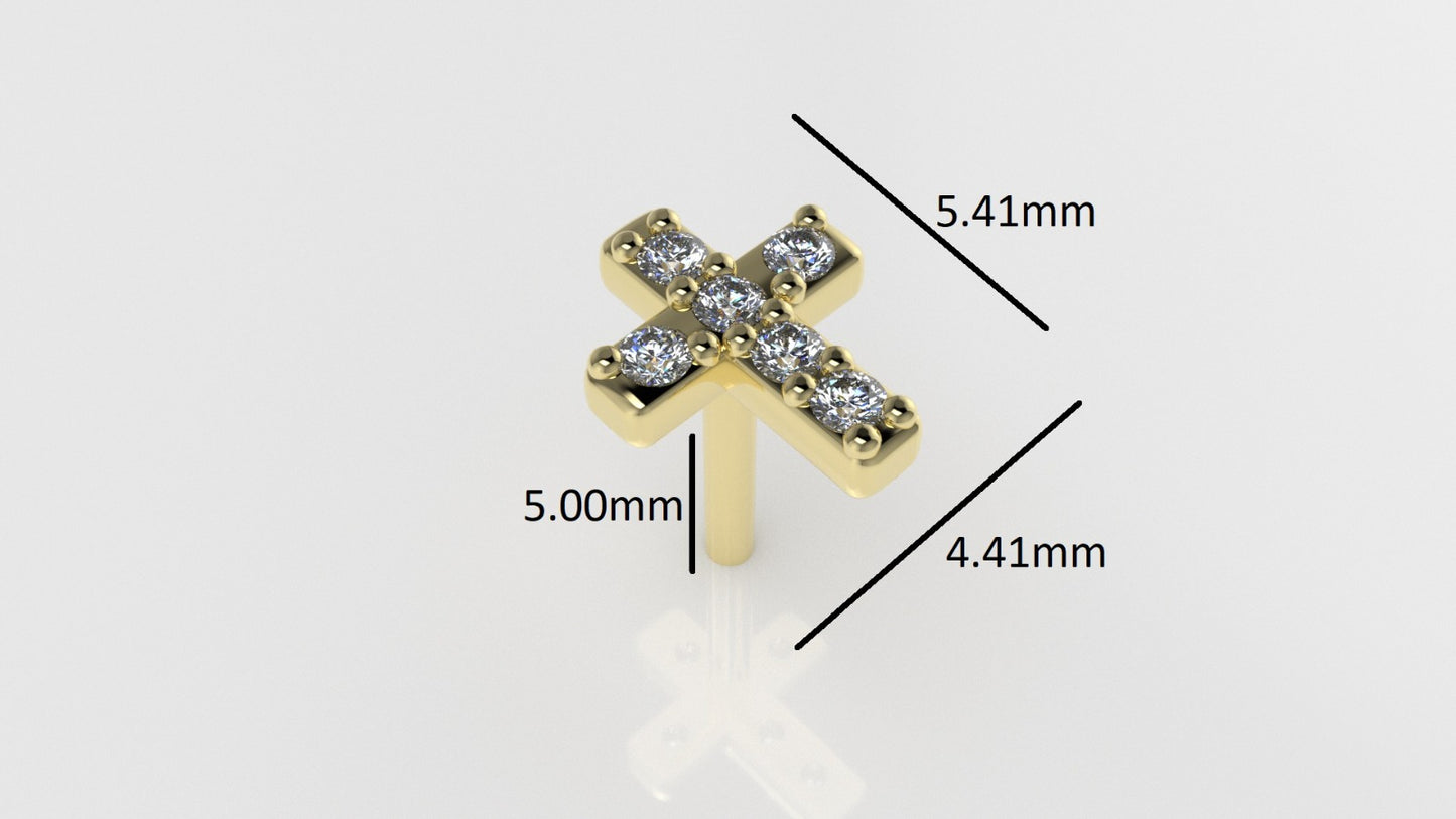 14K Ear Piercing with 6 Diamonds, cross style