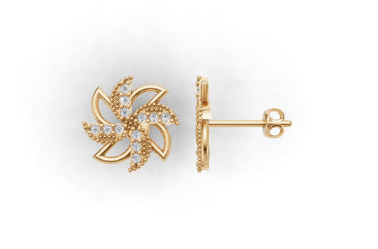 14K Gold Earrings Star with 24 Diamonds, "STT: "Prong", Push Back, Filigree