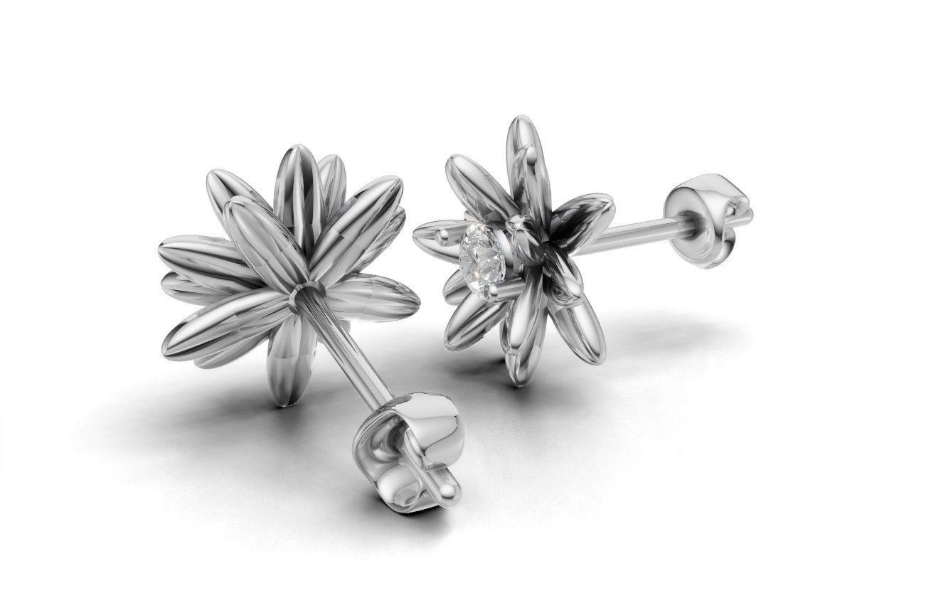 14k Gold Earrings Sun with 2 Diamonds, "STT: 2-Prong", Push Back