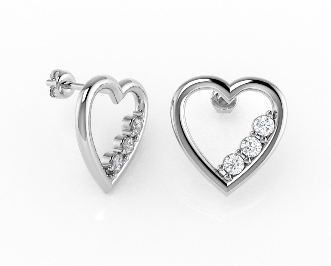 14K Gold Heart Earrings with 6 Diamonds, "STT: Prong", Push Back