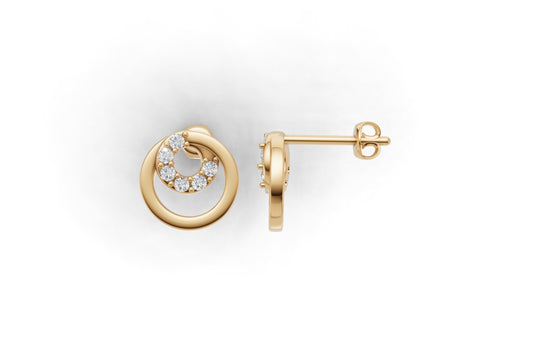 14K Gold Earrings Circle with 12 Diamonds, "STT: Prong", Push Back