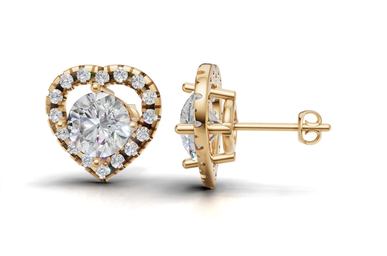 14k Gold Earrings Heart with 34 Diamonds, "STT: 4-Prong", Push Back, Cut Split