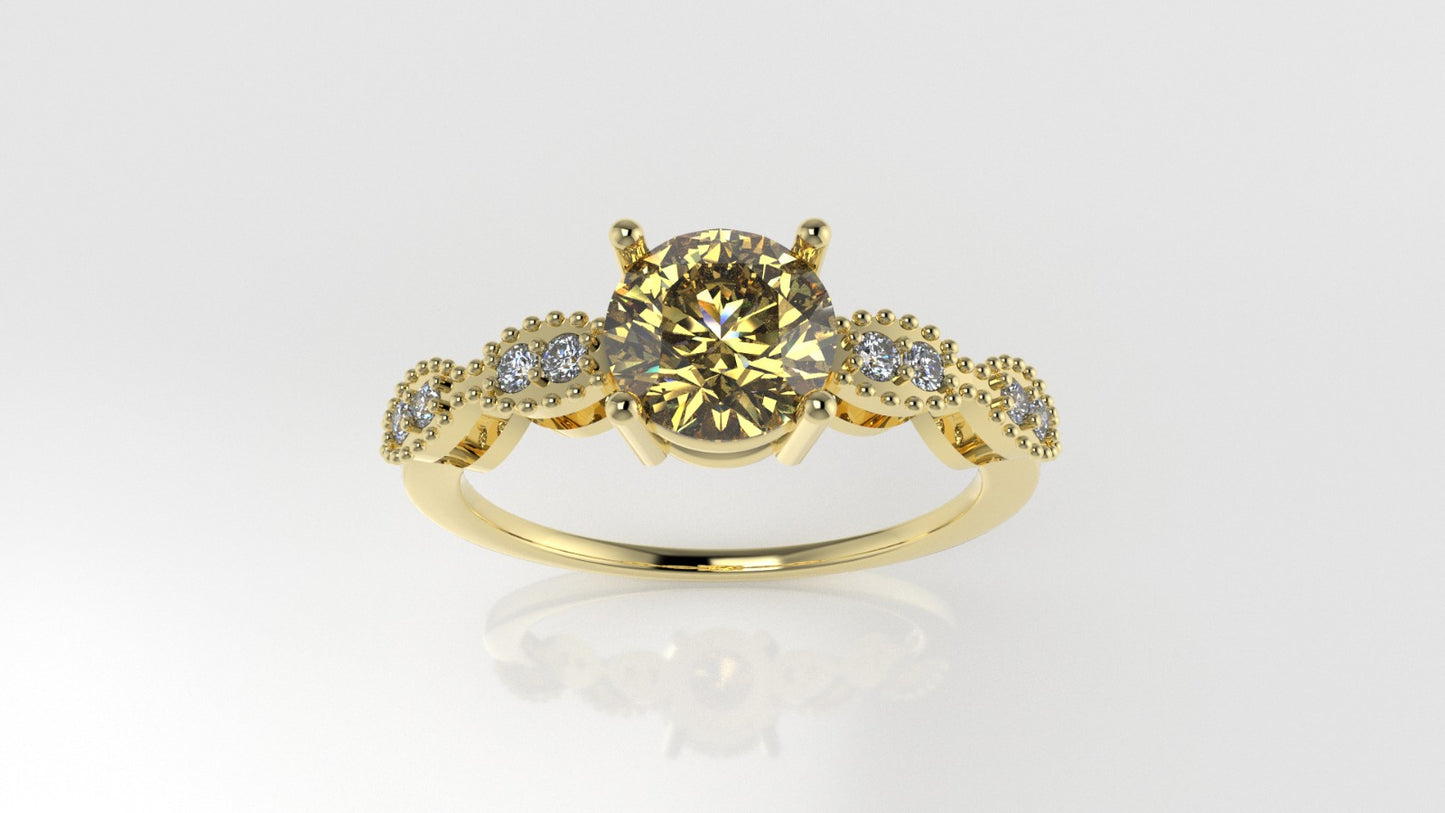 14K Solitaire Ring with 1 CITRINE 6.5mm and 8 DIAMONDS 1.5mm VS1, setting prongs, Filigree