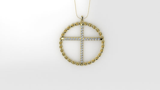 14K Pendant with 27 Diamond VS1, "Cross with twisted circle", Only Pendant
