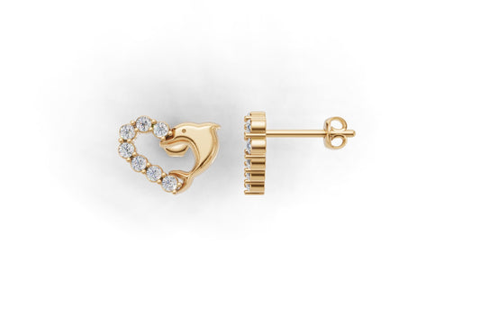 14K Gold Earrings Dolphin with 14 Diamonds, "STT: Prong", Push Back