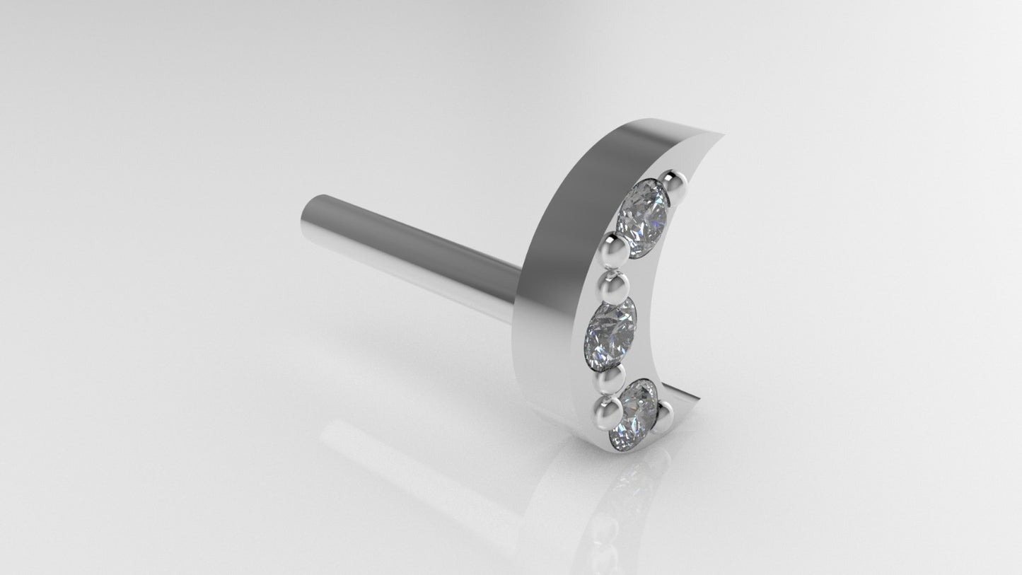 14K Ear Piercing with 3 Diamonds, Moon with prongs