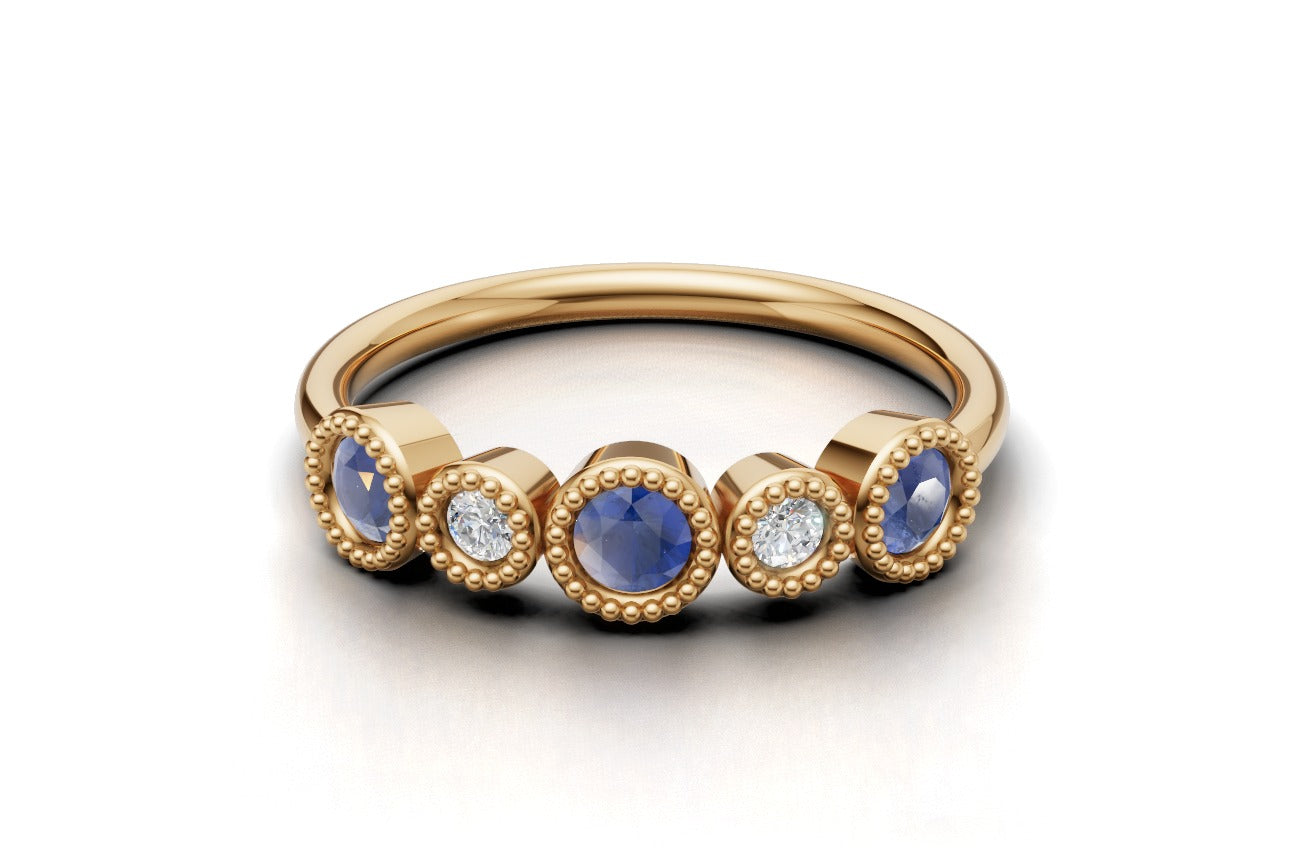 14K Gold Ring with 3 Sapphire and 2 Diamonds, STT: Bezel, Filigree