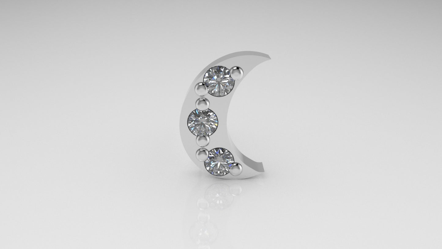14K Ear Piercing with 3 Diamonds, Moon with prongs