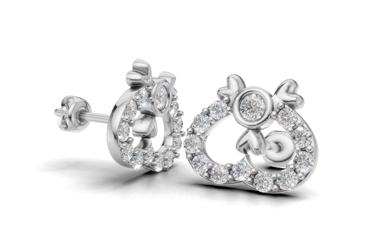 14k Gold Earrings Hearts with 24 Diamonds, "STT: Prong and Bezel", Push Back