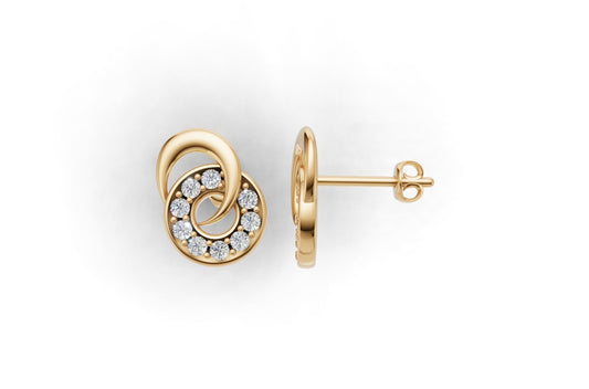 14K Gold Earring Circle and Moon with 18 Diamonds, "STT: Prong", Push Back, Cut Chanel
