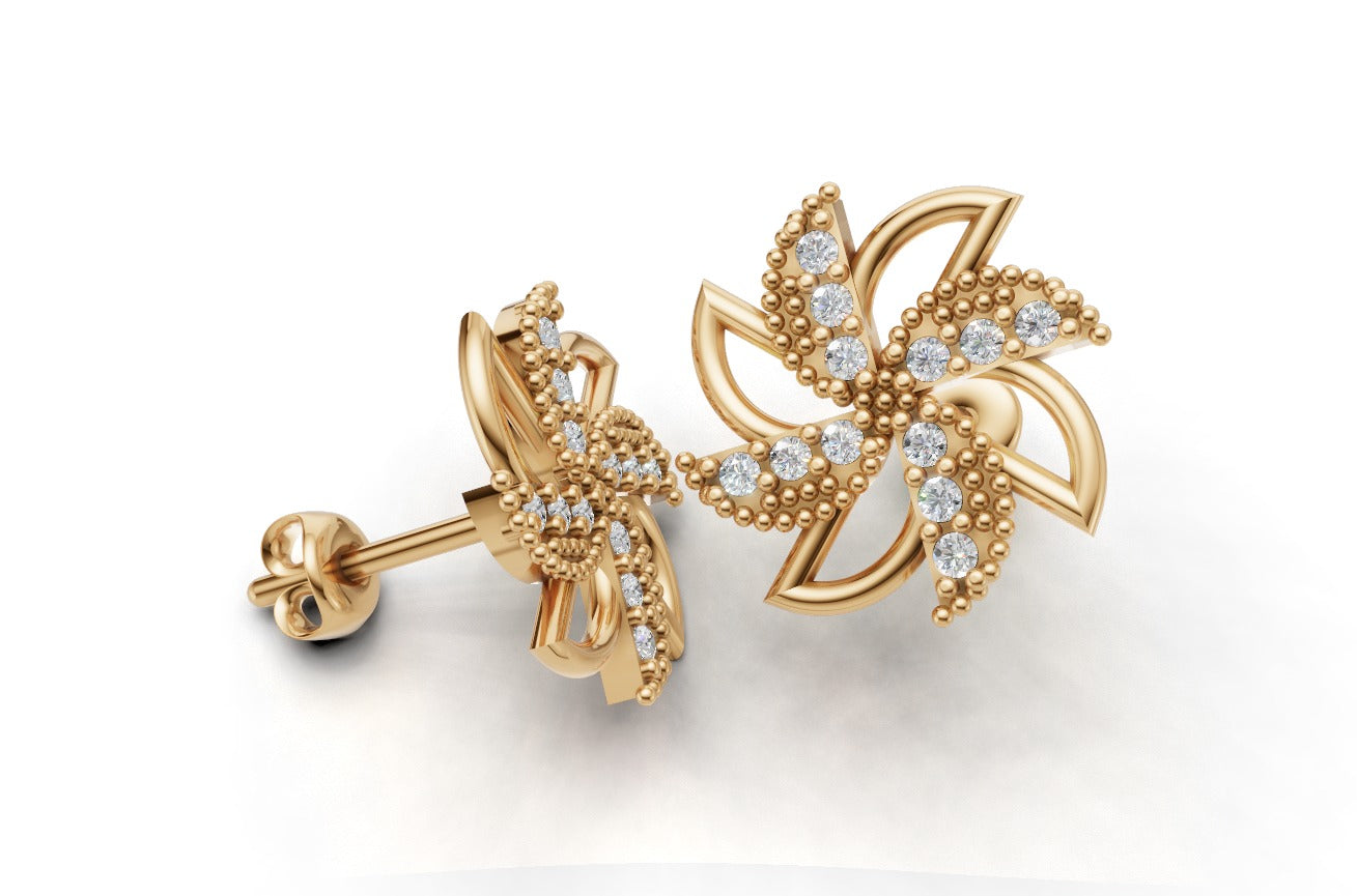 14K Gold Earrings Star with 24 Diamonds, "STT: "Prong", Push Back, Filigree