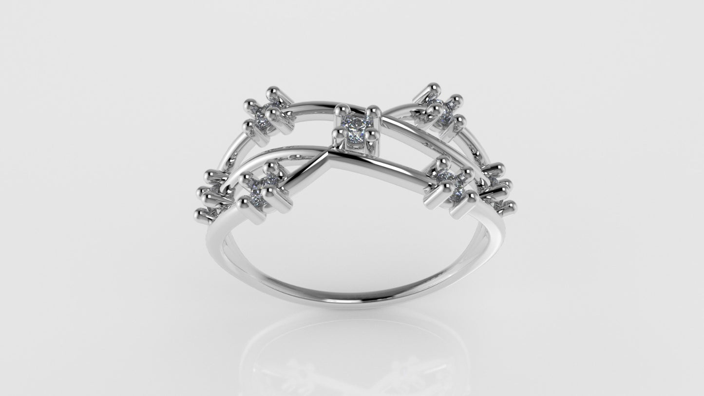 14K gold Ring with 7 MOISSANITE 2mm VS1 each, twisted, stt 4 prong