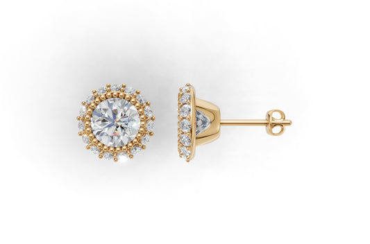 14k Gold Earrings with 32 Diamonds, "STT: Bezel and Prong", Filigree, Push Back