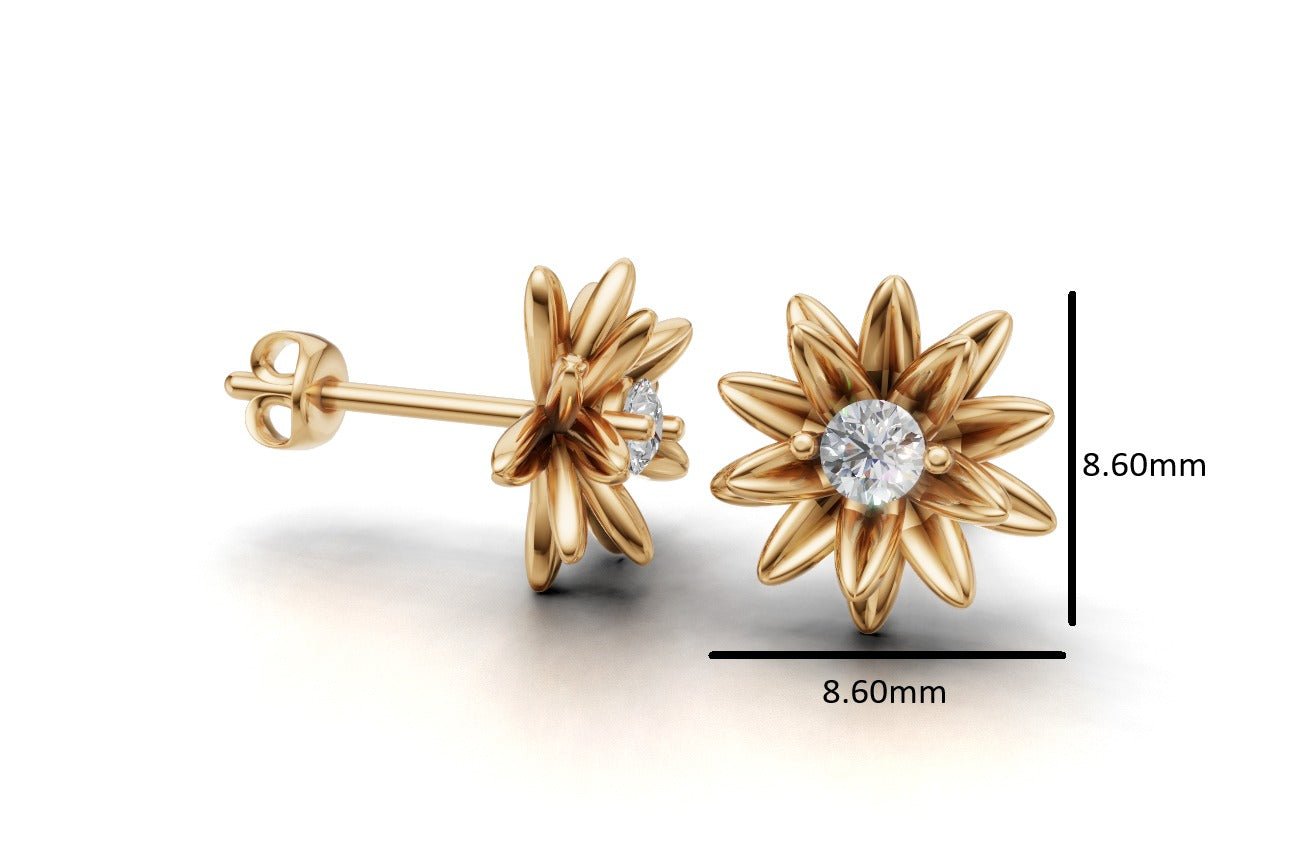 14k Gold Earrings Sun with 2 Diamonds, "STT: 2-Prong", Push Back