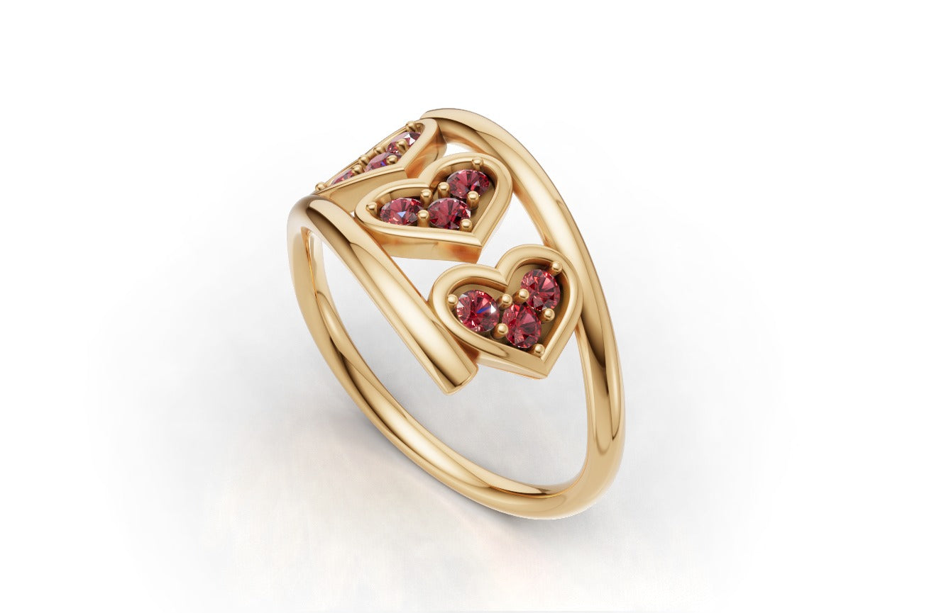 14K Gold Ring Hearts with 9 Ruby, STT: Prong