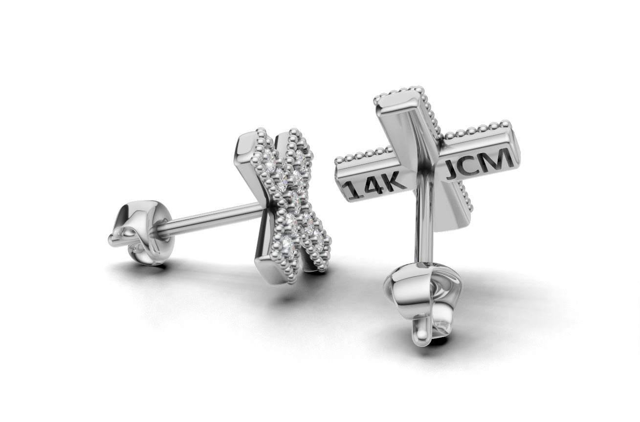 14k Gold Earrings Cross with 18 Diamonds, "STT: Prong", Push Back, Filigree