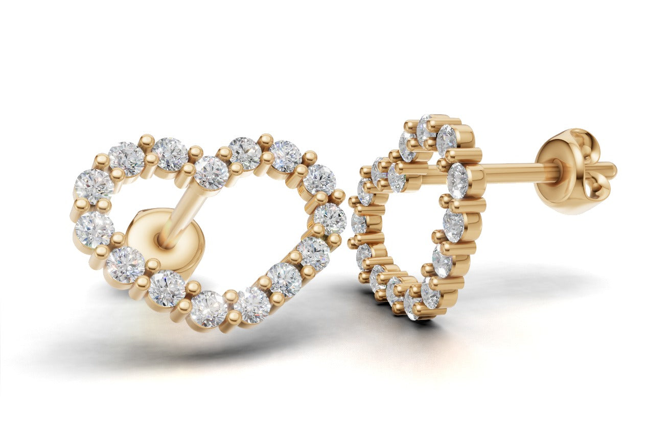 14K Earrings Hearts with 30 Diamonds, "STT: Prong", Push Back