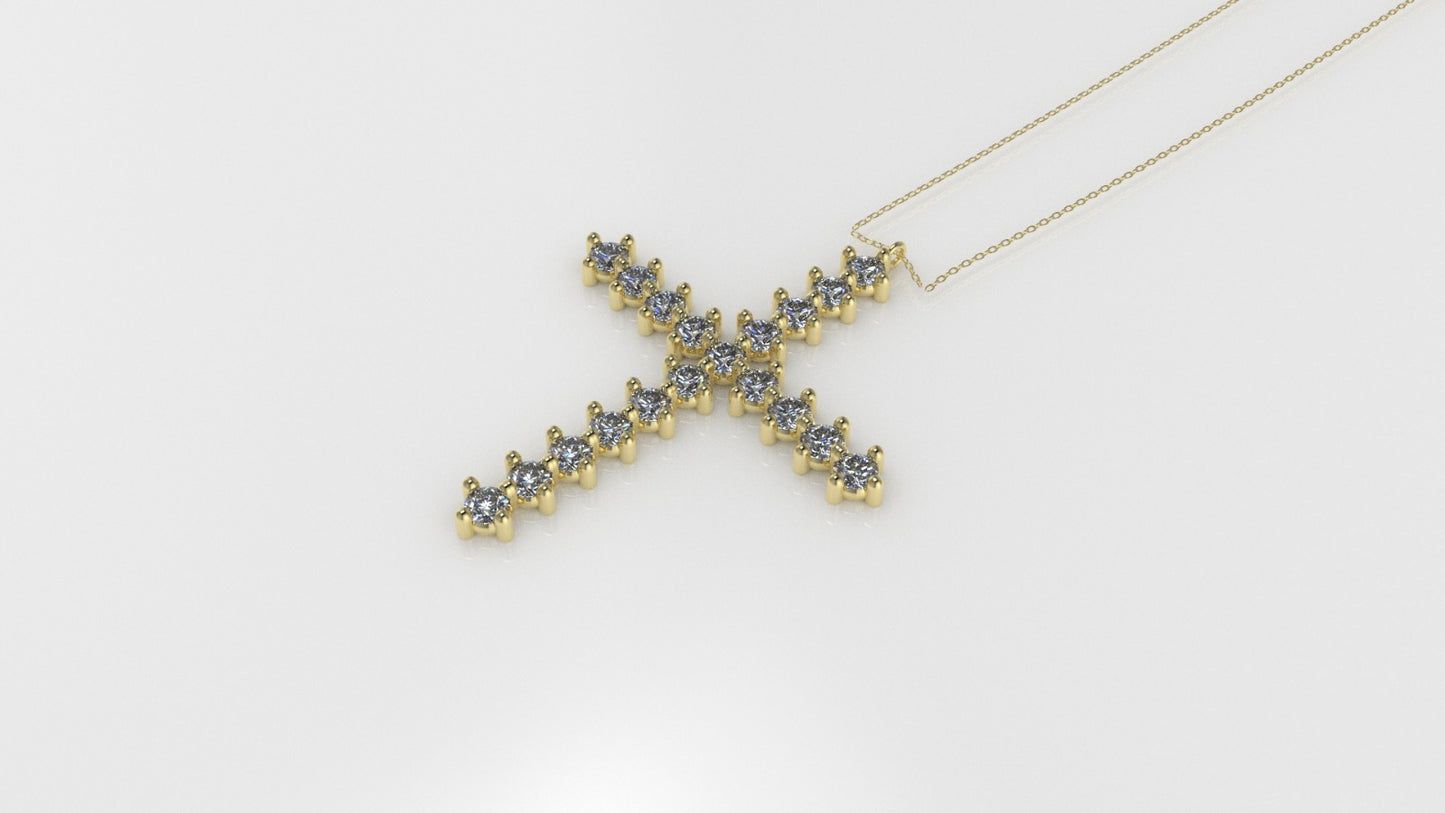 Gold Pendant with 19 Diamond VS1, Cross Style, Only Pendant, "4 Prongs"