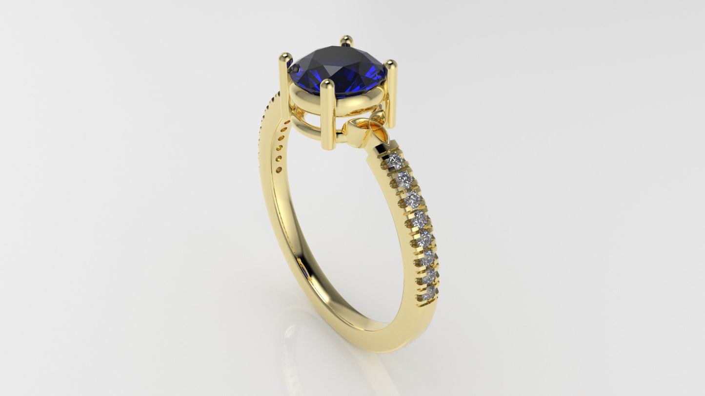 14K solitaire engagement Ring with 1 BLUE SAPPHIRE 6.5mm and 16 MOISSANITE 1.2mm VS1 each, stt prong, cut split